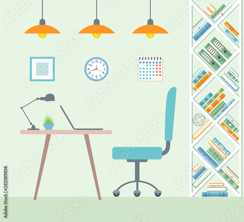 Interior of the office in a flat style. Sudy room with a table, chair and bookshelves. Private office. Side view.