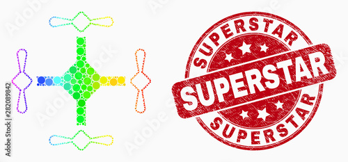 Dot spectral quadcopter mosaic icon and Superstar seal stamp. Red vector round grunge seal stamp with Superstar caption. Vector collage in flat style.