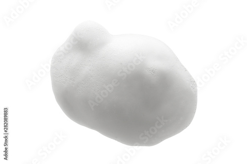 White cleanser foam texture isolated on white background. Cosmetic mousse, soap, shampoo bubbles. Macro, top view