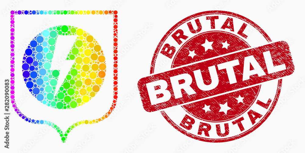 Dot spectrum electric shield mosaic icon and Brutal seal. Red vector round distress seal stamp with Brutal caption. Vector composition in flat style. Dot spectrum electric shield mosaic icon and Brutal seal. Red vector round distress seal stamp with Brutal caption. Vector composition in flat style.