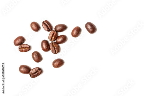 A spread coffee beans isolated on white background and copy space