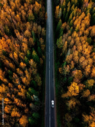 Aerial view of road in beautiful autumn forest in rural Finland.