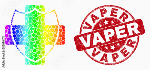 Dot spectrum medical shield mosaic icon and Vaper seal stamp. Red vector rounded scratched watermark with Vaper caption. Vector composition in flat style.