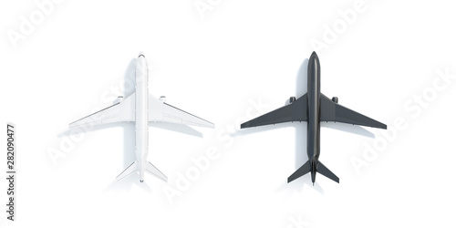 Fotografi Blank black and white airplane mockup stand, top view isolated, 3d rendering