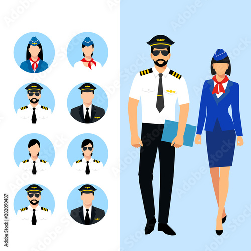 Illustration of stewardess dressed in blue uniform. Flight attendant and a pilot isolated. vector illustration. Pilot and stewardess icons vector
