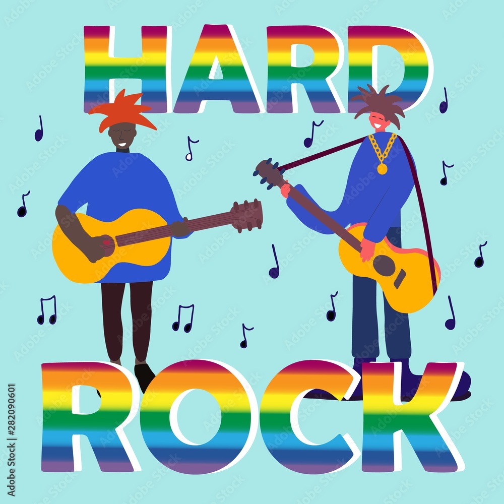 Hard rock band musicians. Music concert. Modern sound. Typography, hard rock lettering, group of musicians, concept for banners, invitations, prints, cards, business cards and invitations Hard rock band musicians. Music concert. Modern sound. Typography, hard rock lettering, group of musicians, concept for banners, invitations, prints, cards, business cards and invitations