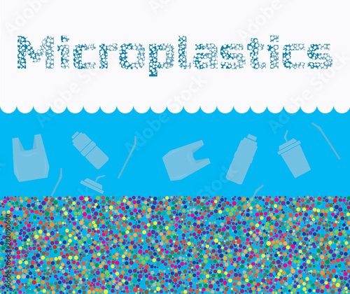 Micro plastic vector illustration causing water pollution. Plastic single-use bags, bottles, cups, straws and other polyester and polypropylene products.