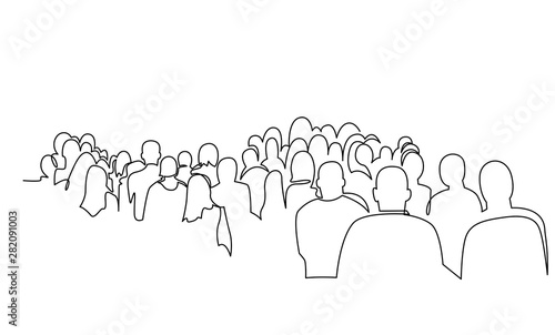 Group of people continuous one line vector drawing. Crowd standing at concert, meeting.