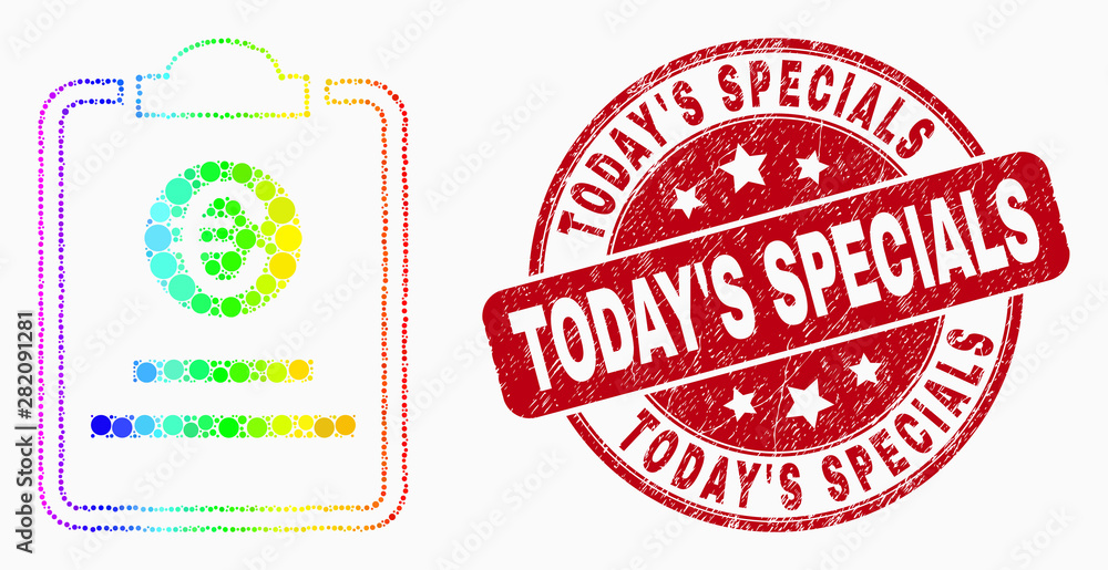 Obraz premium Dotted bright spectral euro price pad mosaic pictogram and Today'S Specials watermark. Red vector round grunge watermark with Today'S Specials phrase. Vector combination in flat style.