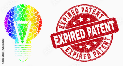 Dotted bright spectral electric bulb mosaic pictogram and Expired Patent seal. Red vector rounded scratched watermark with Expired Patent caption. Vector composition in flat style.