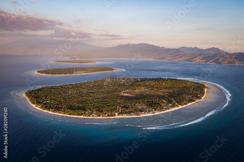 Lombok, Indonesia, Aerial View of the Gili Islands at Sunset