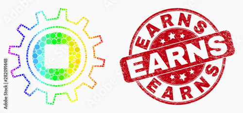 Dotted bright spectral gear mosaic icon and Earns seal stamp. Red vector round scratched stamp with Earns message. Vector composition in flat style. Colored gradiented gear mosaic of random circles,