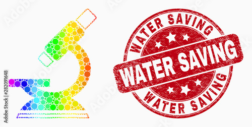 Dotted bright spectral microscope mosaic pictogram and Water Saving seal stamp. Red vector round grunge seal with Water Saving message. Vector combination in flat style.