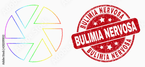Dotted bright spectral shutter mosaic icon and Bulimia Nervosa seal stamp. Red vector rounded scratched seal stamp with Bulimia Nervosa phrase. Vector combination in flat style.