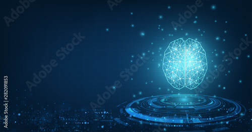 technology concept.vector abstract polygonal human brain shape of an artificial intelligence with line dots and shadow on dark blue color background.