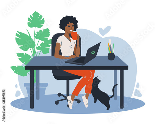 African American woman using laptop flat vector illustration. Working from home, remote job. Online shopping