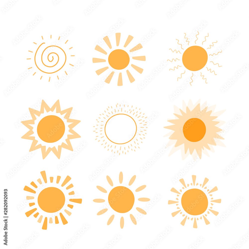 Doodle vector sun collection. Sunshine summer concept. Abstract warm shape. Cute Background Doodle vector sun collection. Sunshine summer concept. Abstract warm shape. Cute Background