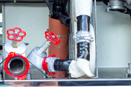 Details of rescue and firefighting truck equipment    Fire and rescue equipment in fire engine.