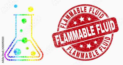 Dotted rainbow gradiented chemical retort mosaic icon and Flammable Fluid seal stamp. Red vector rounded distress seal stamp with Flammable Fluid text. Vector combination in flat style.