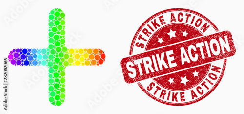 Dotted rainbow gradiented cross mosaic pictogram and Strike Action seal stamp. Red vector rounded distress seal stamp with Strike Action title. Vector composition in flat style. photo