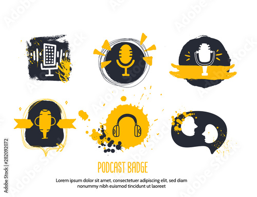 People talking Podcast concept in grunge style. Live music. Karaoke icon. Speaker symbol.