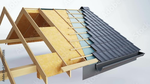 Technical cutaway of roof construction, constructive and technological layers, grey classic tiles. 60 fps animation.