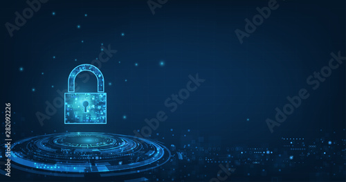 Padlock With Keyhole icon in. personal data security Illustrates cyber data or information privacy idea. blue color abstract hi speed internet technology.