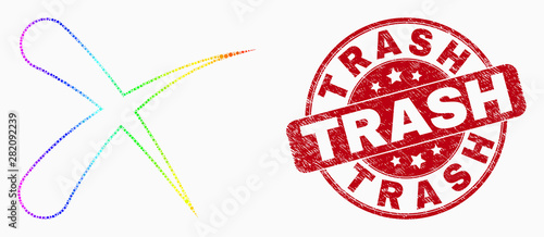 Dotted rainbow gradiented erase mosaic icon and Trash stamp. Red vector rounded grunge seal stamp with Trash text. Vector collage in flat style. Colored gradiented erase mosaic of scattered spheres,