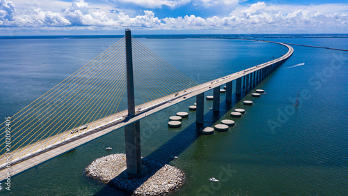 Sunshine Skyway bridge drone view looking south to Manatee county