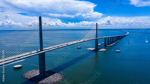 Sunshine Skyway bridge drone view looking south to Manatee county