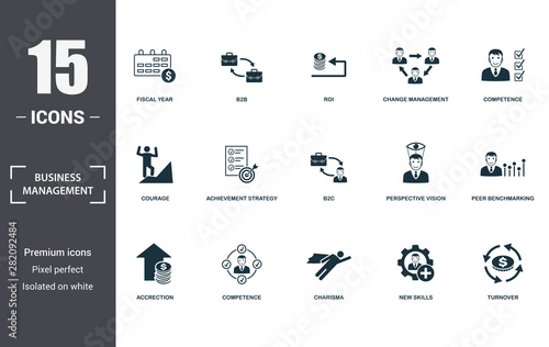 Business Management icon set. Contain filled flat charisma, competence, competence, achievement strategy, perspective vision, courage, new skills, peer benchmarking, accrection icons. Editable format