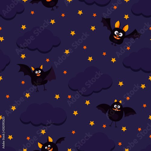 Happy Halloween styly vector seamless pattern with cute black bats flying on dark night sky with stars and clouds.