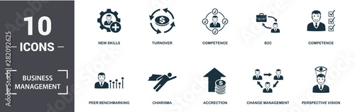Business Management icon set. Contain filled flat achievement strategy, change management, peer benchmarking, accrection, roi, turnover icons. Editable format