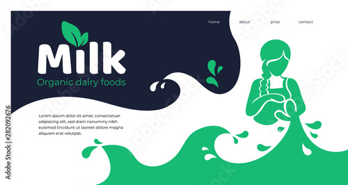 Vector illustration of girl is pouring milk from a jug,splash, drops and waves of milk. Template design with organic dairy products for farmers market,banner, landing page,website, blog, advertisement