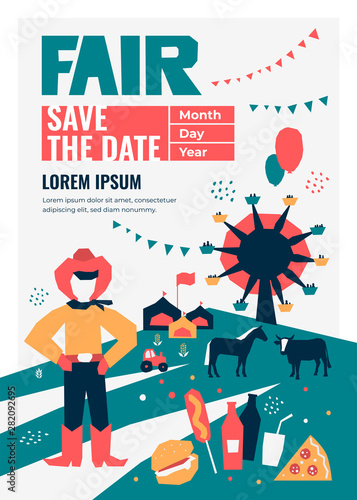 Vector detail illustration of State Fair. Event poster with food market,ferris wheel, farm animals, farmer,country fair. Design template for invitation,landing page, banner,print, flyer. Save the date