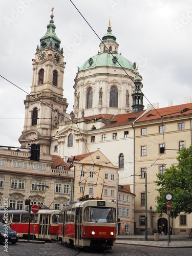 church and tram in Prague, Czech