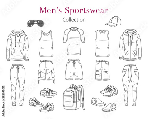 Men's Sportswear Collection. Sport clothes, hoodie, t shirts, sweet pants, shorts, sneakers , baseball cap, vector sketch illustration, isolated on white background.