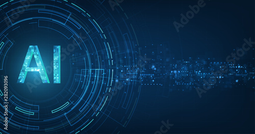 Abstract futuristic digital and technology on dark blue color background. AI(Artificial Intelligence) wording with the circuit design.