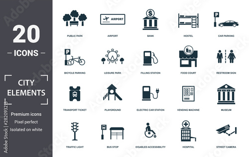 City Elements icon set. Contain filled flat disabled accessibility, traffic light, bicycle parking, car parking, filling station, street camera, hospital icons. Editable format