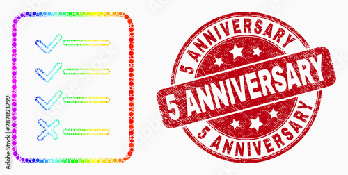 Dotted rainbow gradiented task list page mosaic icon and 5 Anniversary seal stamp. Red vector round scratched seal with 5 Anniversary caption. Vector combination in flat style.