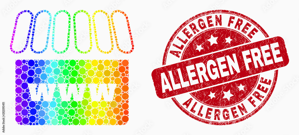 Dotted rainbow gradiented webshop mosaic pictogram and Allergen Free stamp. Red vector rounded textured watermark with Allergen Free phrase. Vector collage in flat style. Dotted rainbow gradiented webshop mosaic pictogram and Allergen Free stamp. Red vector rounded textured watermark with Allergen Free phrase. Vector collage in flat style.