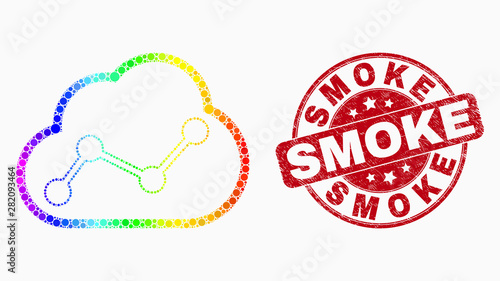 Dotted spectral cloud chart mosaic icon and Smoke seal. Red vector rounded scratched seal stamp with Smoke caption. Vector composition in flat style.