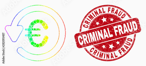 Dotted spectral euro chargeback mosaic pictogram and Criminal Fraud seal stamp. Red vector round grunge watermark with Criminal Fraud phrase. Vector composition in flat style.