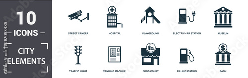 City Elements icon set. Contain filled flat vending machine, bicycle parking, filling station, playground, museum, leisure park icons. Editable format