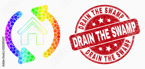 Dotted spectral home refresh arrows mosaic pictogram and Drain the Swamp seal stamp. Red vector rounded grunge seal stamp with Drain the Swamp caption. Vector collage in flat style.