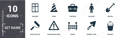 Construction Tools icon set. Contain filled flat bucket, paint roller, shovel, cone, hammer, socket, crane, vernier caliper icons. Editable format