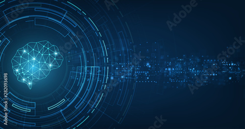 technology concept.vector abstract polygonal human brain shape of an artificial intelligence with line dots and shadow on dark blue color background