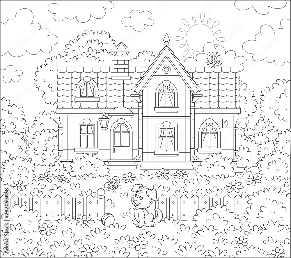 Small village house and a cute little pup watching funny butterflies flittering among flowers on a lawn on a sunny summer day, black and white vector illustration in a cartoon style for a coloring boo