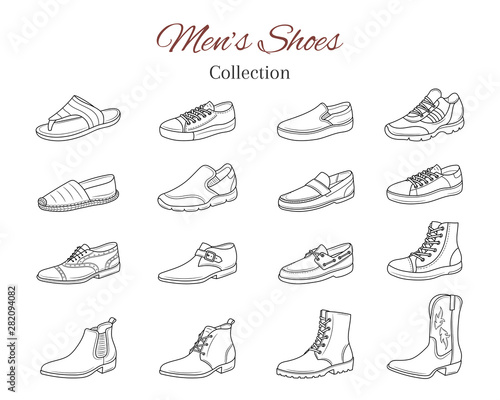 Men's shoes collection. Various types of male shoes casual boots, sneakers, formal shoes, vector sketch illustration, isolated on white background.