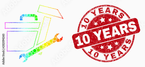 Dotted spectral toolbox mosaic icon and 10 Years seal stamp. Red vector round scratched seal stamp with 10 Years caption. Vector combination in flat style.